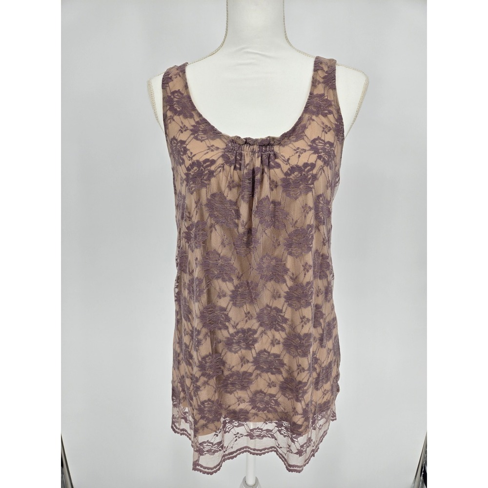 Cabi 663 Womens Floral Lace Scoop Neck Tank Top Purple Tan Lined Sleeveless M‎